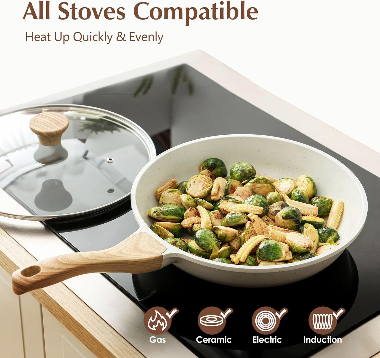Nonstick Ceramic Frying Pan with Lid 8/9.5/10/11/12.5 Inch Omelet Pan Skillet, Free of Intentionally Added PFAS/PTFE Non-Toxic Chef'S Pan Induction Compatible Pan, Heat Resistant Handle