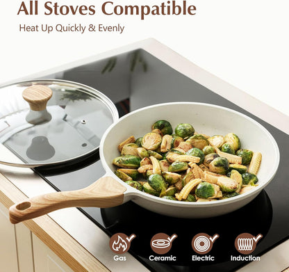 Nonstick Ceramic Frying Pan with Lid 8/9.5/10/11/12.5 Inch Omelet Pan Skillet, Free of Intentionally Added PFAS/PTFE Non-Toxic Chef'S Pan Induction Compatible Pan, Heat Resistant Handle