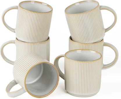 Coffee Mug Set for 6, Star 12 Oz Catering Mugs Cup Set with Handle for Coffee, Tea, Cocoa, Milk - Ceramic Stoneware Drinkware Set, Cappuccino White