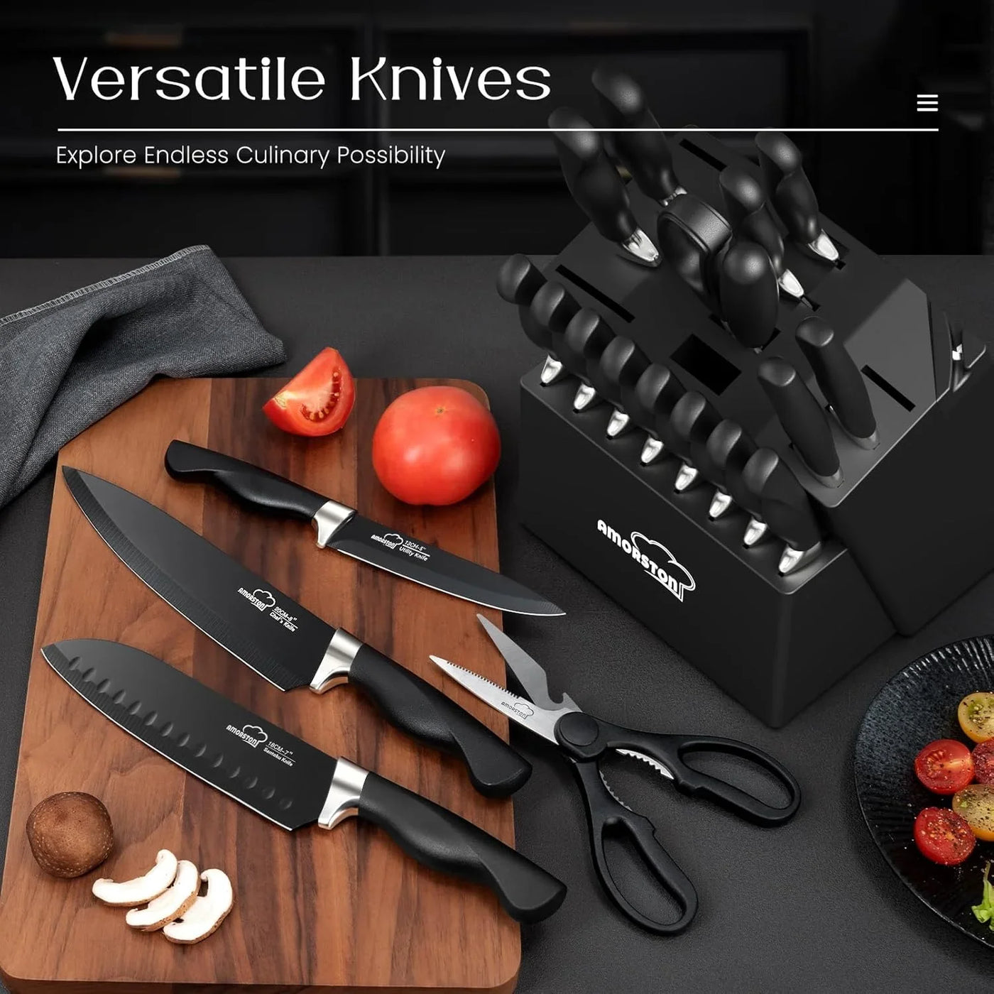 Knife Set,  21 Pieces Kitchen Knife Set with Block and Sharpener, Ultra-Sharp Knives Set with Ergonomic Handles, Black German Stainless Steel Knife Block Set, Dishwasher Safe