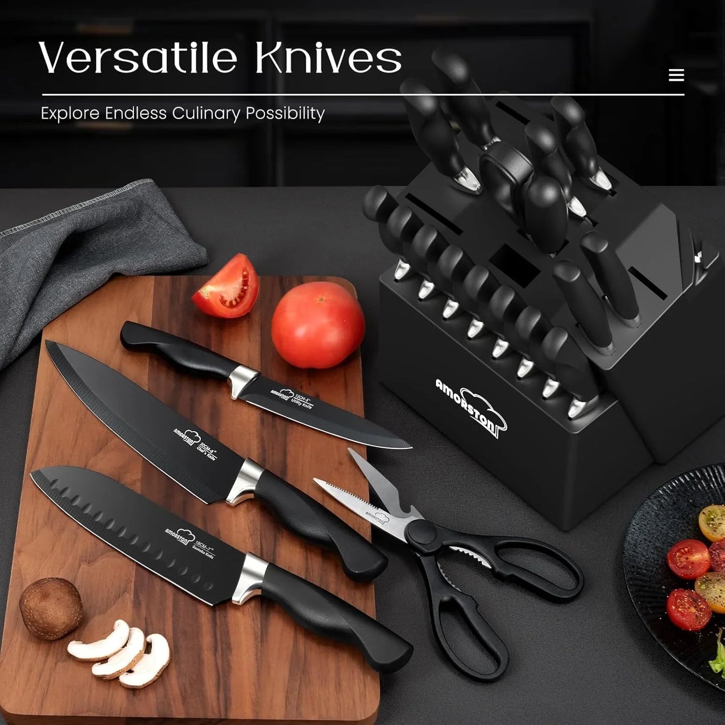 Knife Set,  21 Pieces Kitchen Knife Set with Block and Sharpener, Ultra-Sharp Knives Set with Ergonomic Handles, Black German Stainless Steel Knife Block Set, Dishwasher Safe