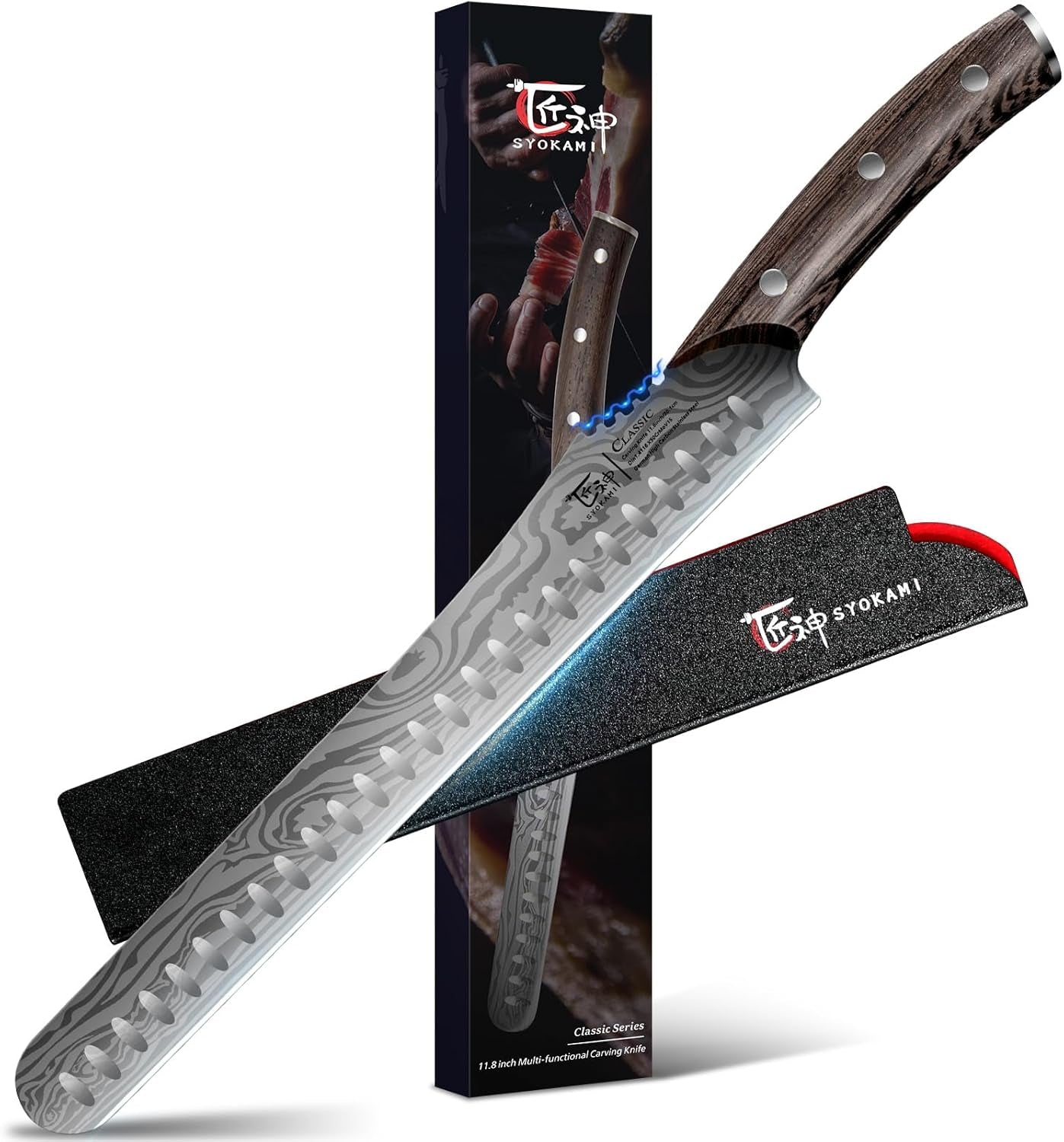 Brisket Slicing Knife, 12 Inch Multifunction Carving Knife for Meat Cutting, Japanese Style Meat Slicer with Wood Full Tang Handle, Damascus Pattern Long Slicing for Roast Beef, Ideal for Gift