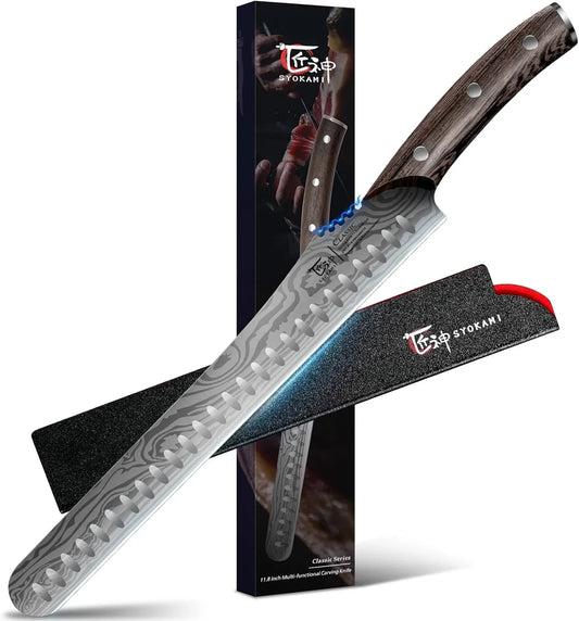 Brisket Slicing Knife, 12 Inch Multifunction Carving Knife for Meat Cutting, Japanese Style Meat Slicer with Wood Full Tang Handle, Damascus Pattern Long Slicing for Roast Beef, Ideal for Gift