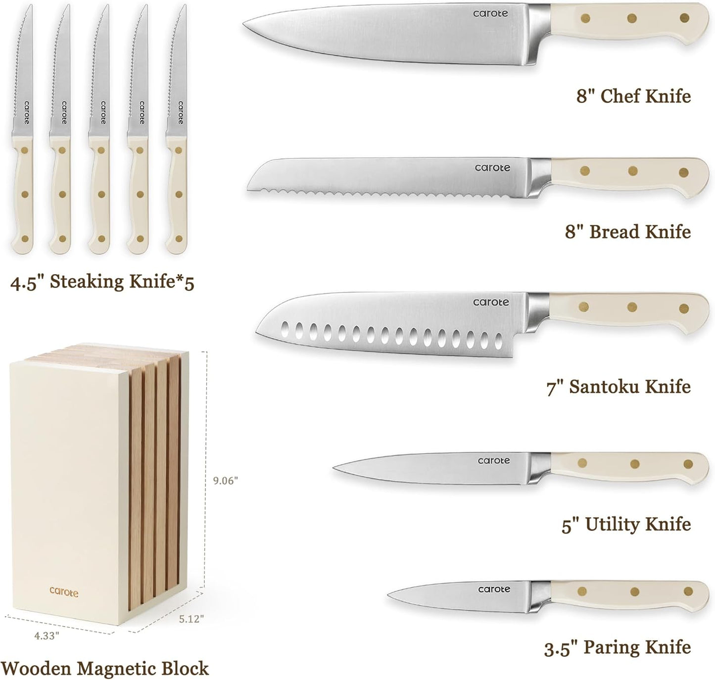 11 Pieces Knife Set with Block for Kitchen, Stainless Steel Razor-Sharp Blade, Triple Riveted Ergonomic Handle, Wooden Magnetic Block, Essential Knife Block Set, Beige