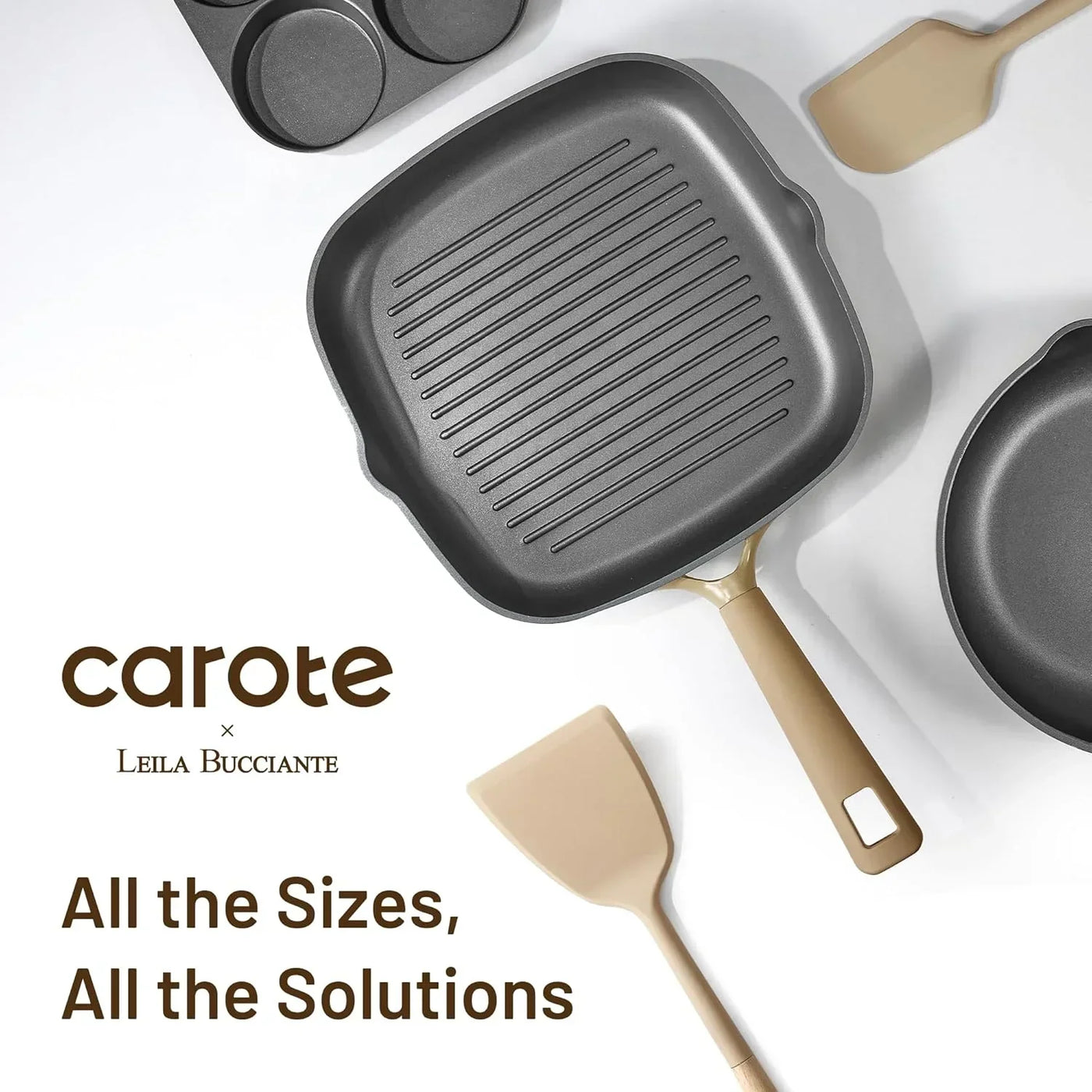 Nonstick grill pan, round skillet, muffin pan, and beige spatulas on white kitchen background.
