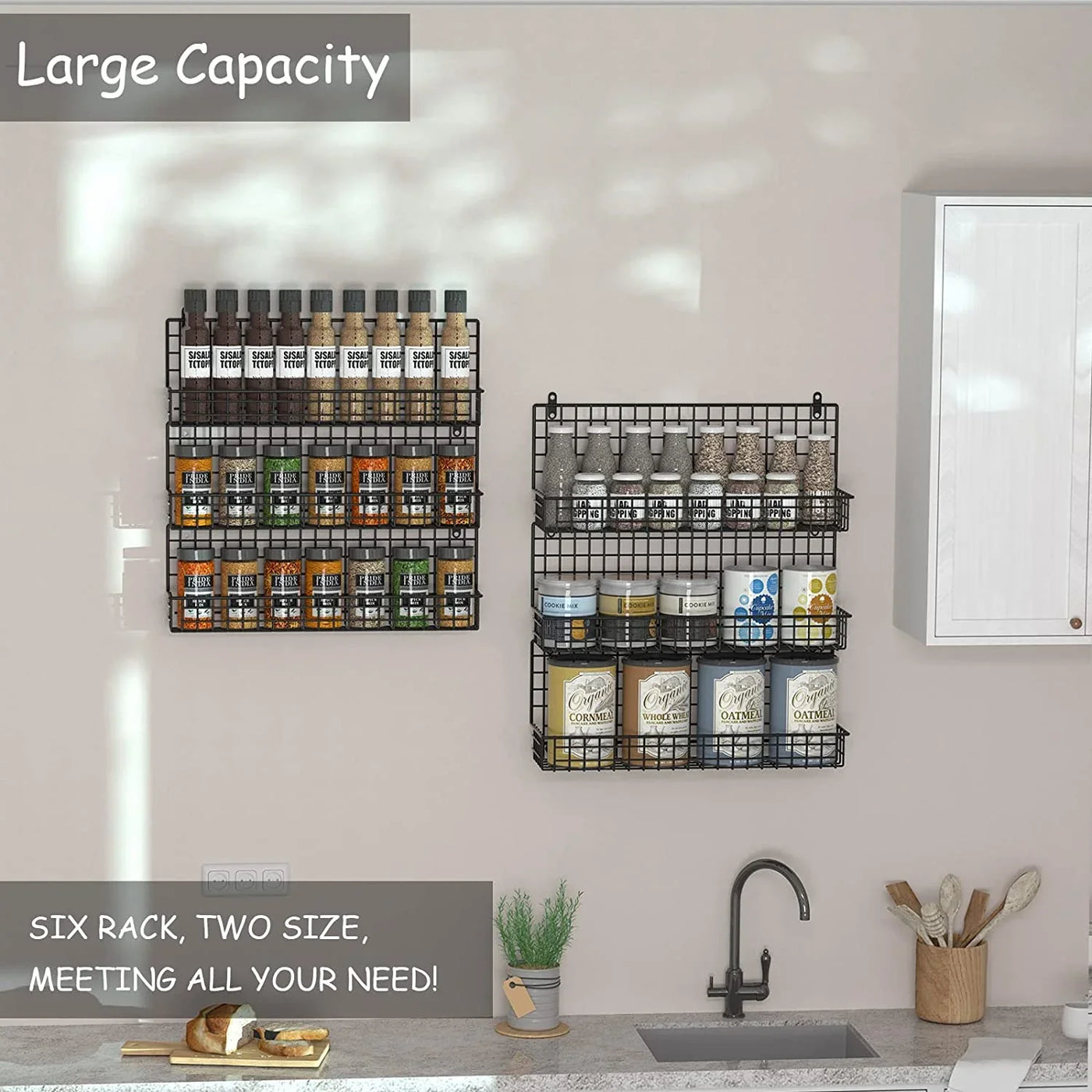 6-Tier Spice Rack Organizer with Door Hook, Wall Mounted & over the Door Spice Racks for Kitchen Pantry Door Cabinet, Two Size, Large Capacity, Black