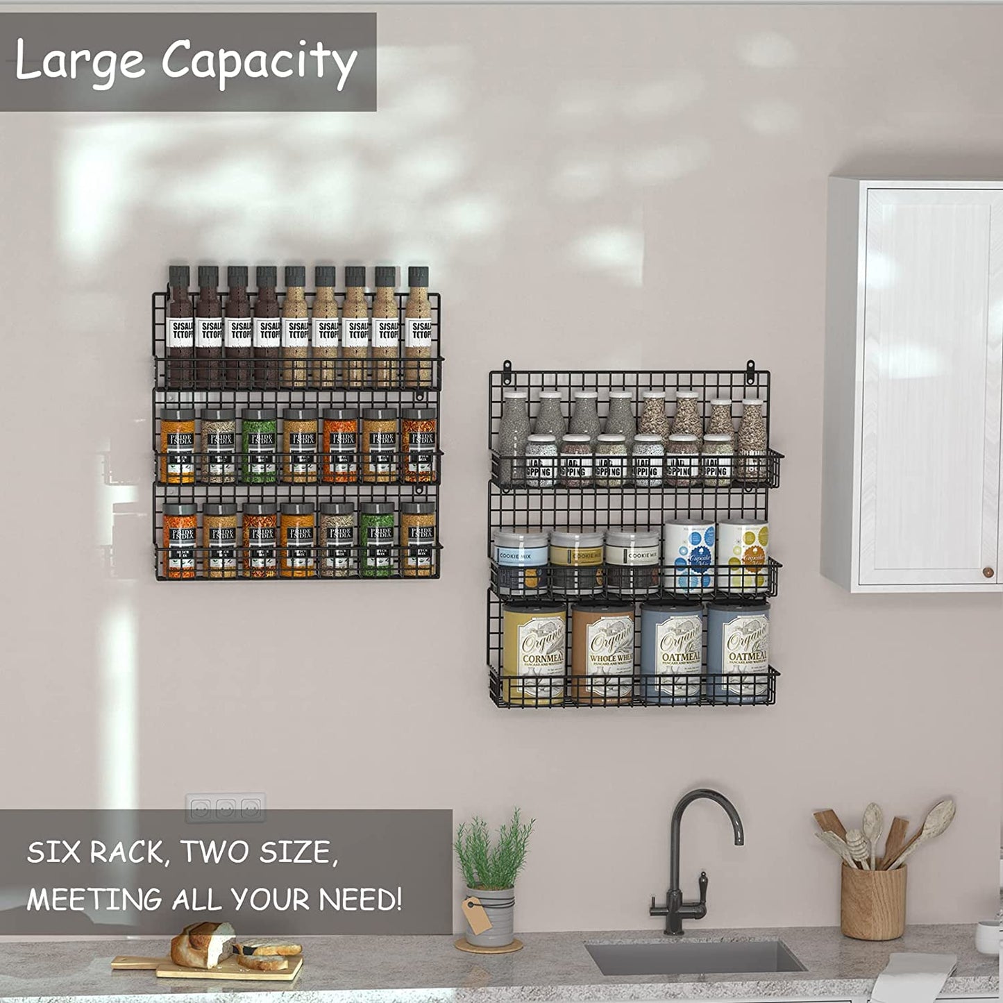 6-Tier Spice Rack Organizer with Door Hook, Wall Mounted & over the Door Spice Racks for Kitchen Pantry Door Cabinet, Two Size, Large Capacity, Black