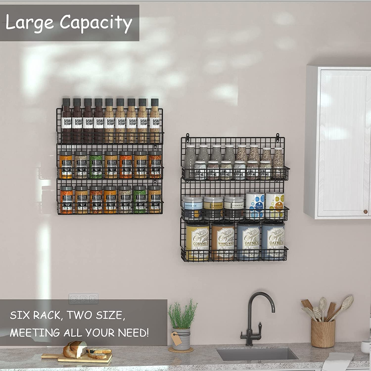 6-Tier Spice Rack Organizer with Door Hook, Wall Mounted & over the Door Spice Racks for Kitchen Pantry Door Cabinet, Two Size, Large Capacity, Black