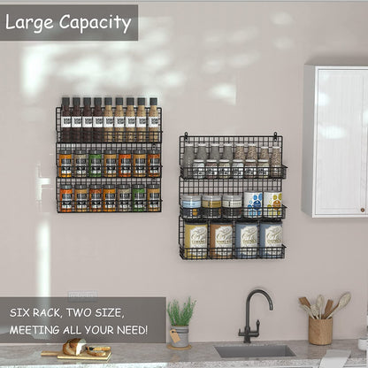 6-Tier Spice Rack Organizer with Door Hook, Wall Mounted & over the Door Spice Racks for Kitchen Pantry Door Cabinet, Two Size, Large Capacity, Black
