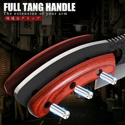 Close-up of a full tang kitchen knife with wooden handle and stainless steel rivets