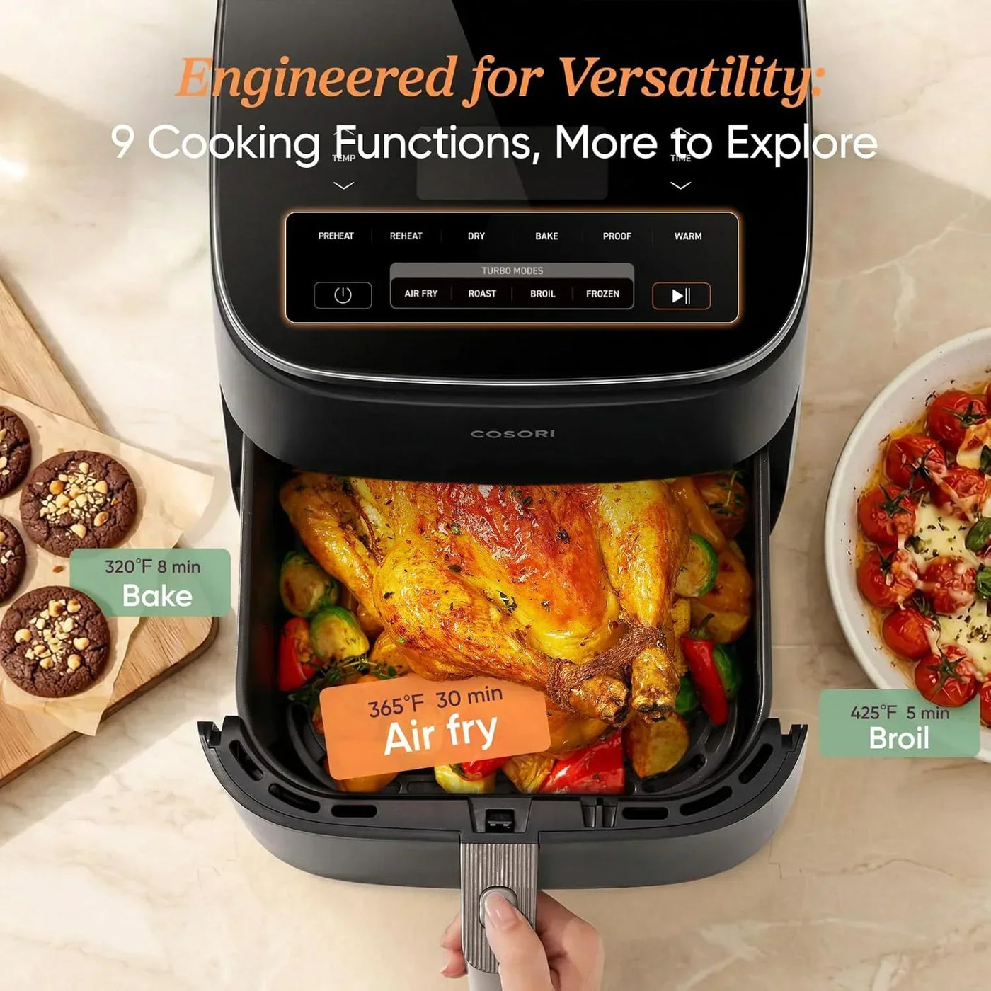 Cosori air fryer with roasted chicken and veggies, showcasing bake, air fry, and broil functions for versatile cooking.