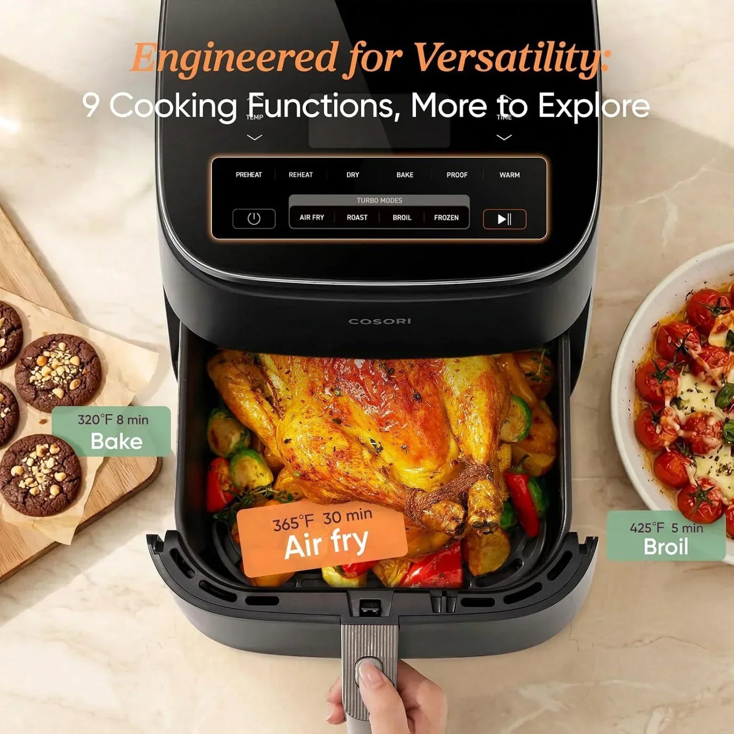 Cosori air fryer with roasted chicken and veggies, showcasing bake, air fry, and broil functions for versatile cooking.