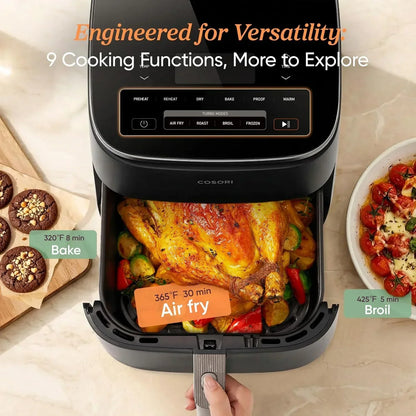 Cosori air fryer with roasted chicken and veggies, showcasing bake, air fry, and broil functions for versatile cooking.