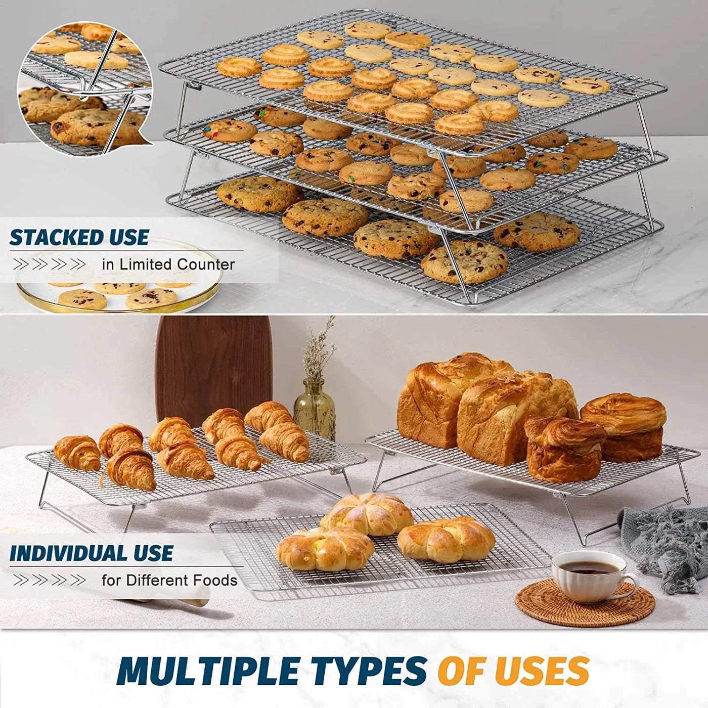 Oven-Salf Collapsible Cooling Rack for Baking, 3 Tier 12”X 16.5”, Stainless Steel and Fit Half Sheet, Stackable Wire Cooling Racks for Cookie, Pizza, Cake