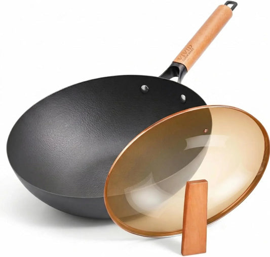 12.6 Inch Carbon Steel Wok Pan with Standable Tempered Glass Lid, Flat Bottom Wok, Non-Coated Stir Fry Pan with Wood Handle for Induction, Gas, Electric and Ceramic Stovetops