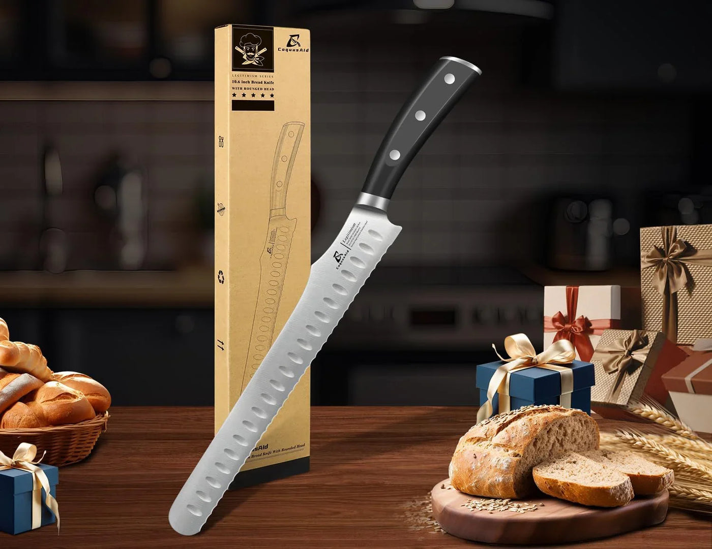 Bread Knife for Homemade Bread, 10.6 Inch Multifunction Serrated Knife, Razor Sharp Slicer, High Carbon German Steel Bread Cutter, Ergonomic Handle Design for Sourdough Turkey Fruit Cutting