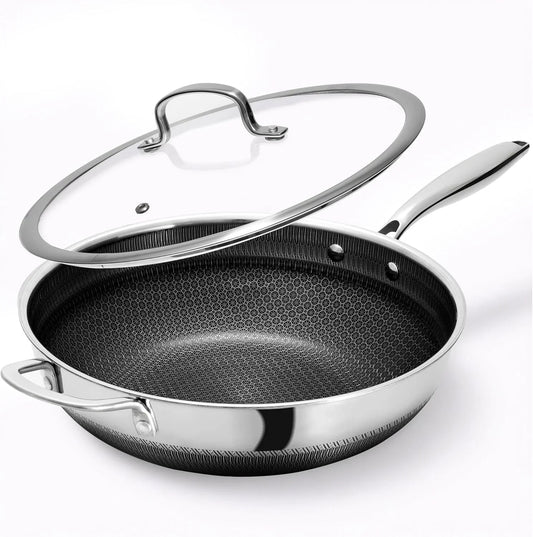 Nonstick 12-Inch Wok with Glass Lid,Hybrid Tri-Ply Stainless Steel Wok,Pfoa-Free,Stay-Cool Handle,Oven-Safe,Dishwasher-Safe,Compatible with All Cooktops.