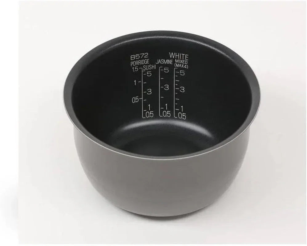 Black rice cooker inner pot with measurement markings for white, jasmine, sushi rice and porridge