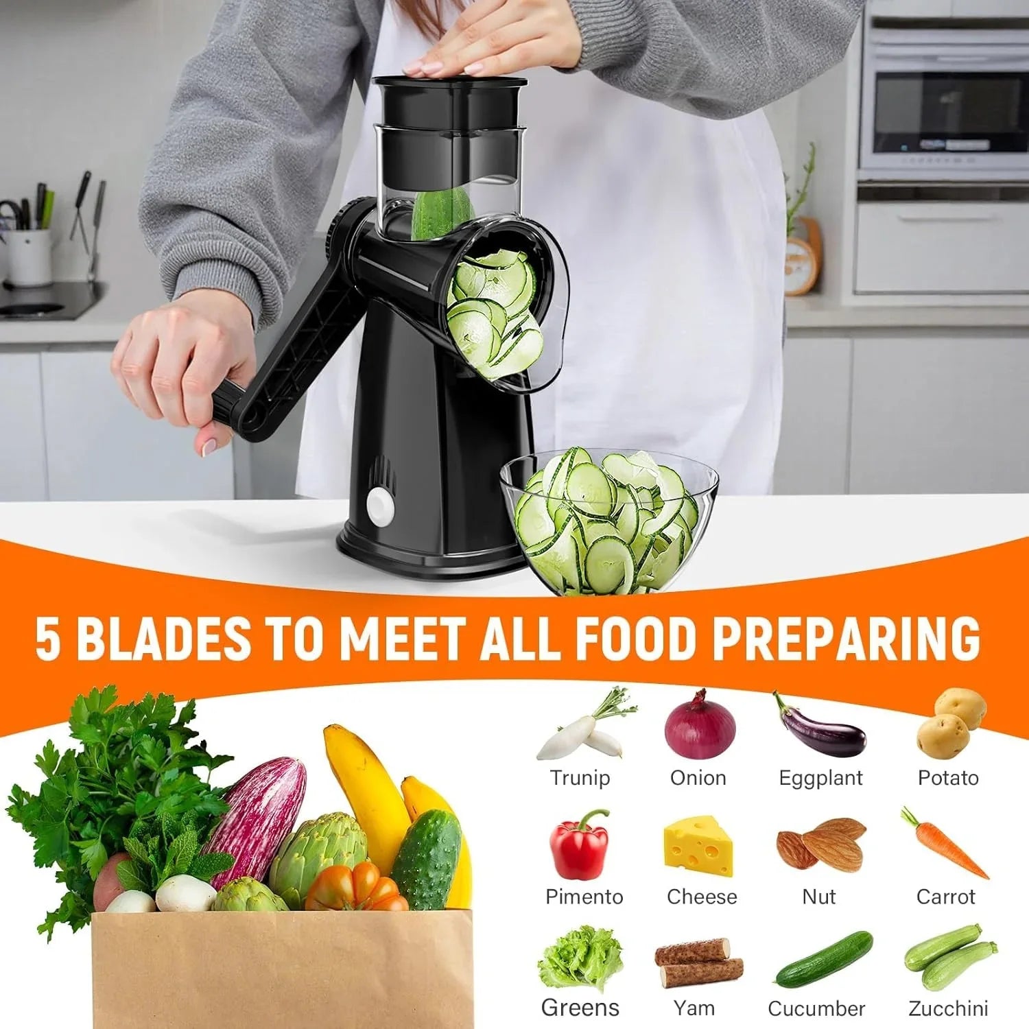 Rotary Cheese Grater Hand Crank, with 5 Blades for Chopper Shredder Spiralizer Slicer for Vegetable Cheese Fruit, Food Chopper for Kitchen with Blades Storage Box & Suction Base (Black)