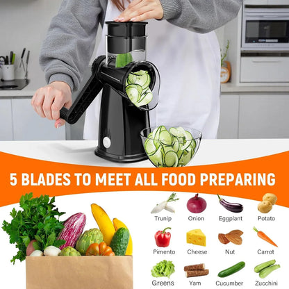Rotary Cheese Grater Hand Crank, with 5 Blades for Chopper Shredder Spiralizer Slicer for Vegetable Cheese Fruit, Food Chopper for Kitchen with Blades Storage Box & Suction Base (Black)