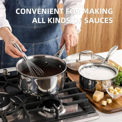 Stainless steel saucepan set for making sauces, with whisk and ingredients on stovetop