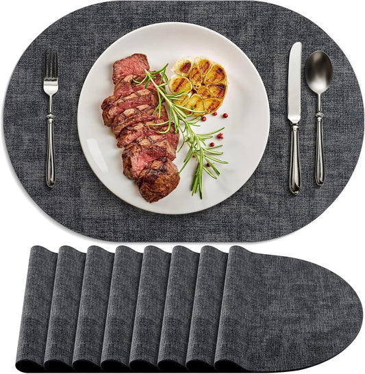 Placemats Set of 8 Non-Slip, Heat Resistant Oval Leather Place Mats Double Layer, Waterproof Table Mats Easy to Clean for Kitchen Dining Room Coffee Office Table, Charcoal