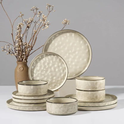 Dinnerware Sets, 12-Piece Plates and Bowls Set, Stoneware Dish Set for 4, Ceramic Dinnerware for Home Restaurant, Chip and Scratch Resistant, Microwave and Dishwasher Safe, Saturn Khaki