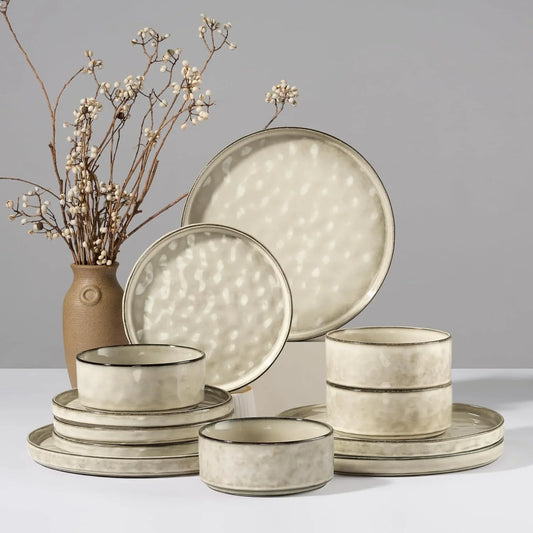 Dinnerware Sets, 12-Piece Plates and Bowls Set, Stoneware Dish Set for 4, Ceramic Dinnerware for Home Restaurant, Chip and Scratch Resistant, Microwave and Dishwasher Safe, Saturn Khaki
