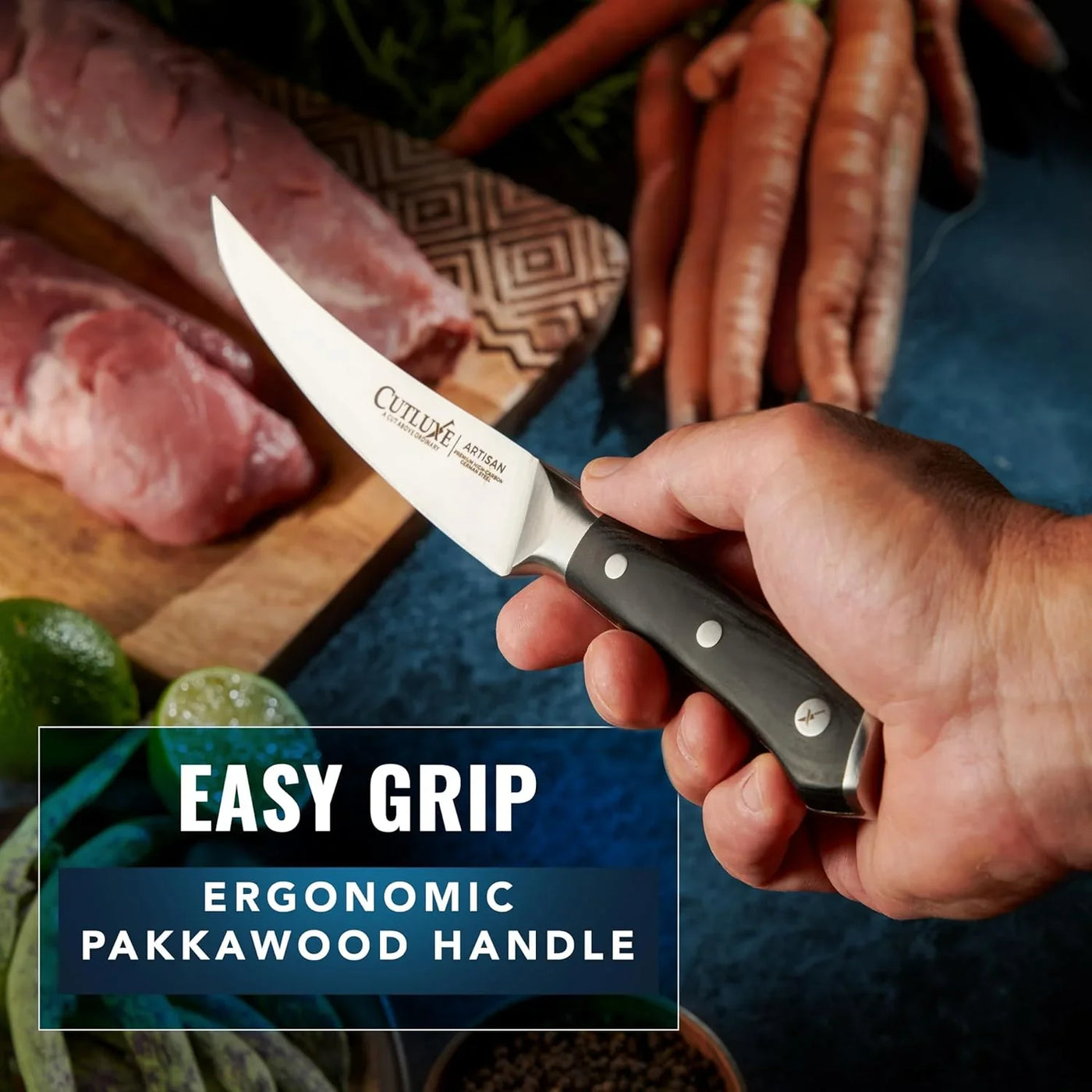 Curved Boning Knife – 6" Boning Knife for Meat Cutting, Filleting – High Carbon German Steel, Full Tang & Ergonomic Handle Design – Artisan Series