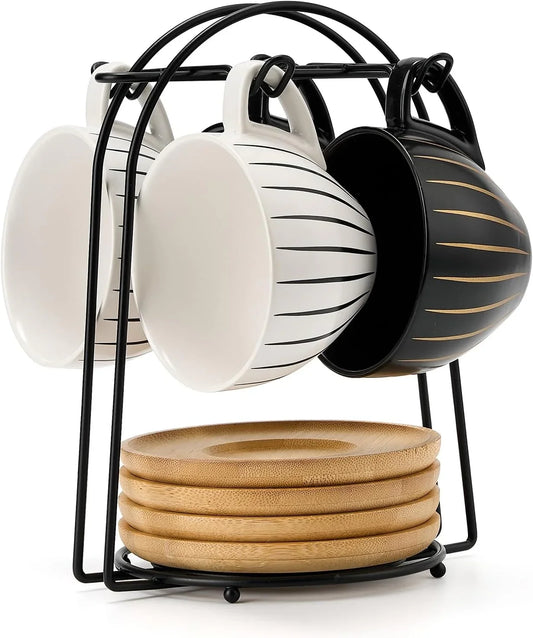 Ceramic Demitasse Espresso Cups Set with Saucers and Metal Stand, 8 Oz Porcelain Cappuccino Cups Teacup for Tea, Espresso, Latte, Coffee, Cafe Mocha, Set of 4, Stripe White & Black