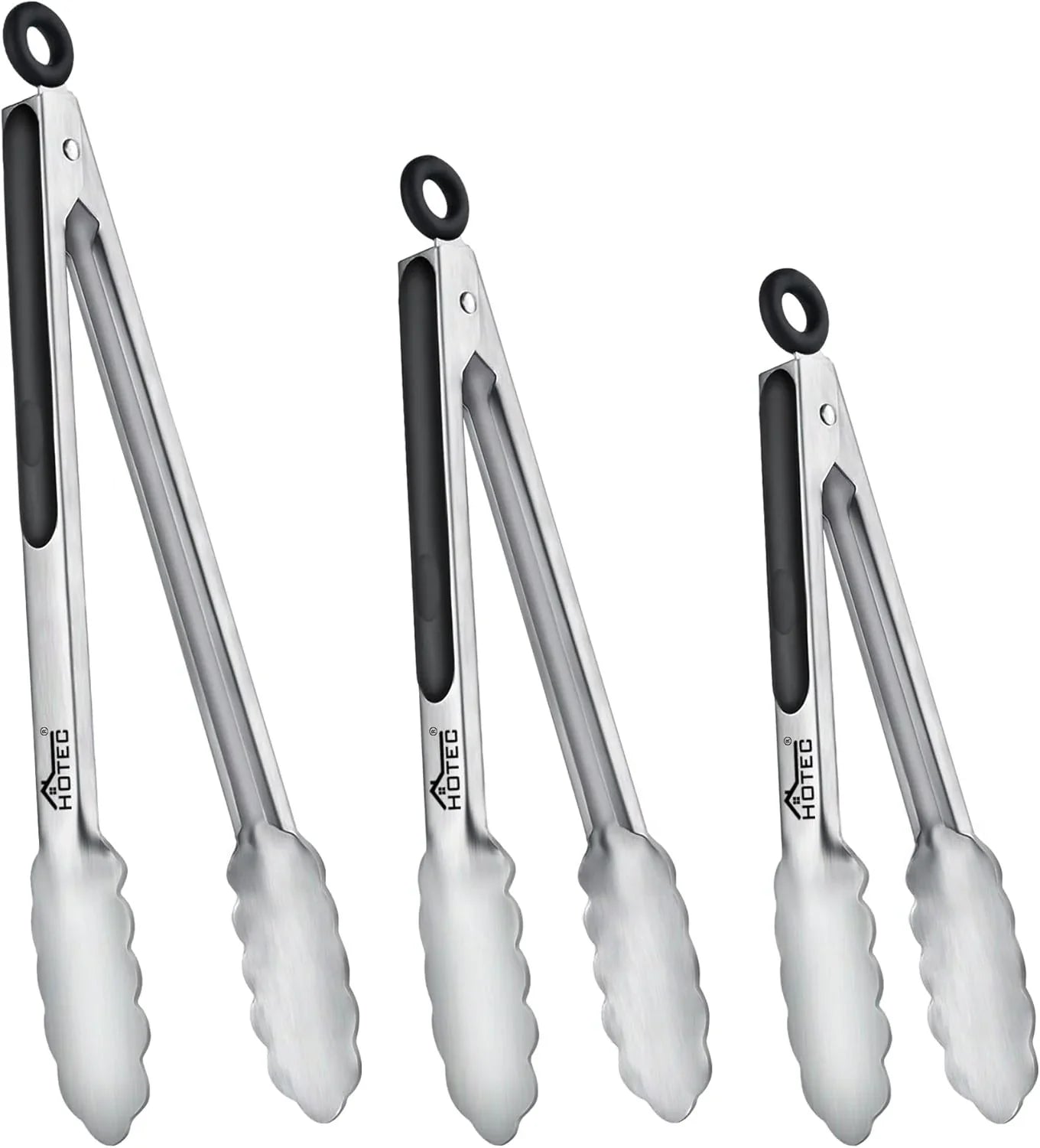 Stainless Steel Kitchen Tongs, Set of 3-7", 9" and 12", Locking Metal Food Tongs for Cooking, Serving, BBQ, Grill Non-Slip Grip