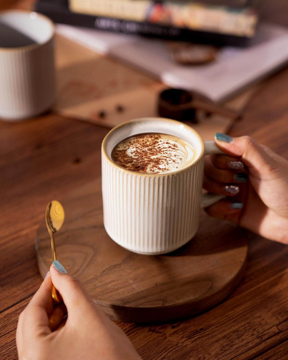 Coffee Mug Set for 6, Star 12 Oz Catering Mugs Cup Set with Handle for Coffee, Tea, Cocoa, Milk - Ceramic Stoneware Drinkware Set, Cappuccino White