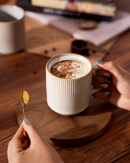 Coffee Mug Set for 6, Star 12 Oz Catering Mugs Cup Set with Handle for Coffee, Tea, Cocoa, Milk - Ceramic Stoneware Drinkware Set, Cappuccino White