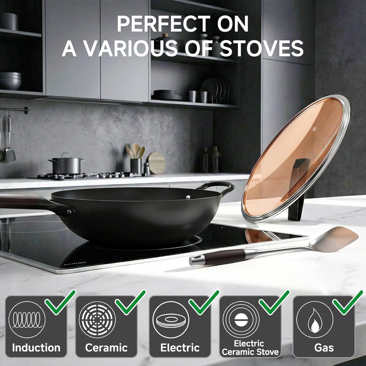 13.5" Carbon Steel Wok Pan - Pre-Seasoned Flat Bottom Woks & Stir-Fry Pans Chinese Cookware with Lid & Spatula - for Pan-Fry,Stir Fry, Steam, BBQ & Camping - Compatible with Induction, Gas