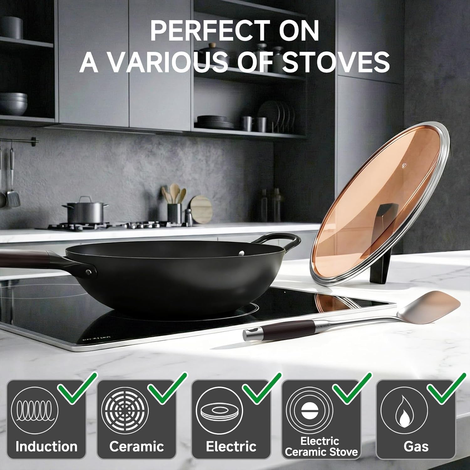 13.5" Carbon Steel Wok Pan - Pre-Seasoned Flat Bottom Woks & Stir-Fry Pans Chinese Cookware with Lid & Spatula - for Pan-Fry,Stir Fry, Steam, BBQ & Camping - Compatible with Induction, Gas