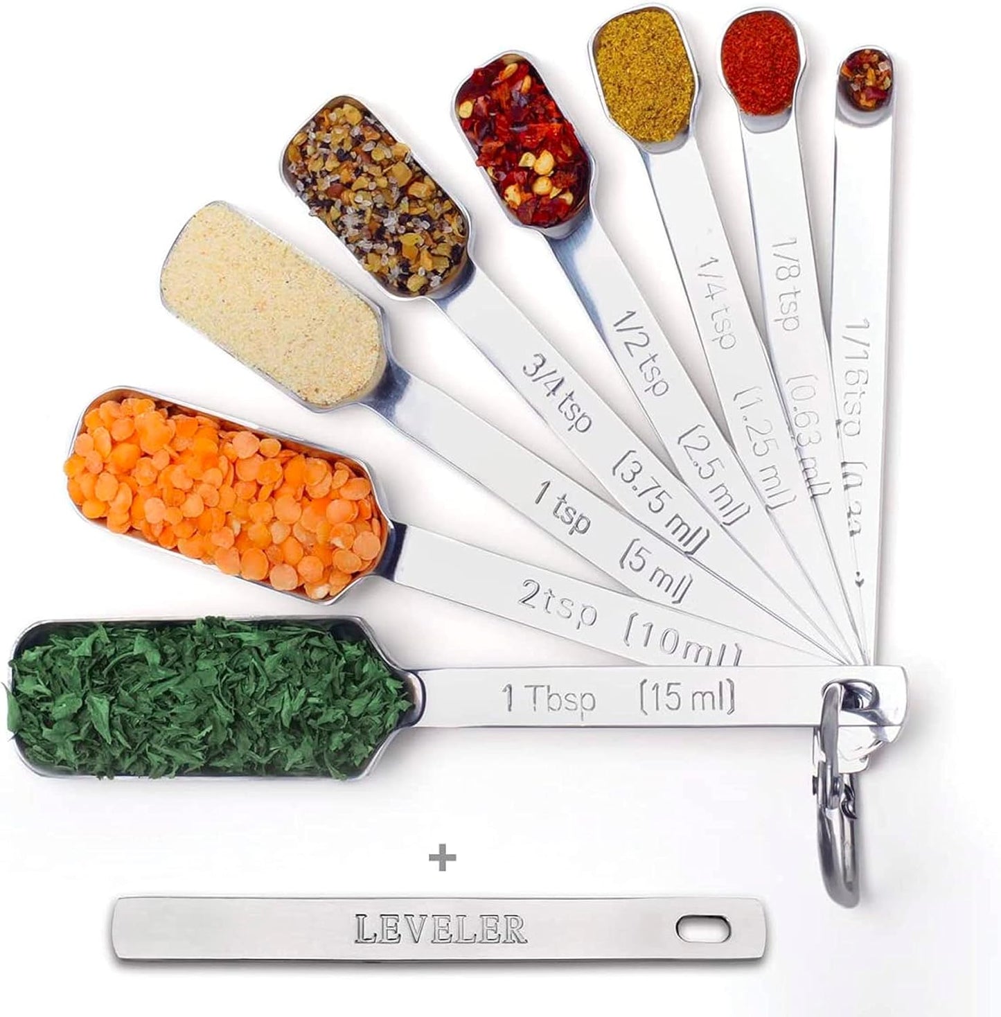 9Pc Stainless Steel Measuring Spoon Set with Leveler - Durable and Rust-Proof - Chrome-Plated, Narrow Rectangular Spoons with Long Handles - Accurate Measurements