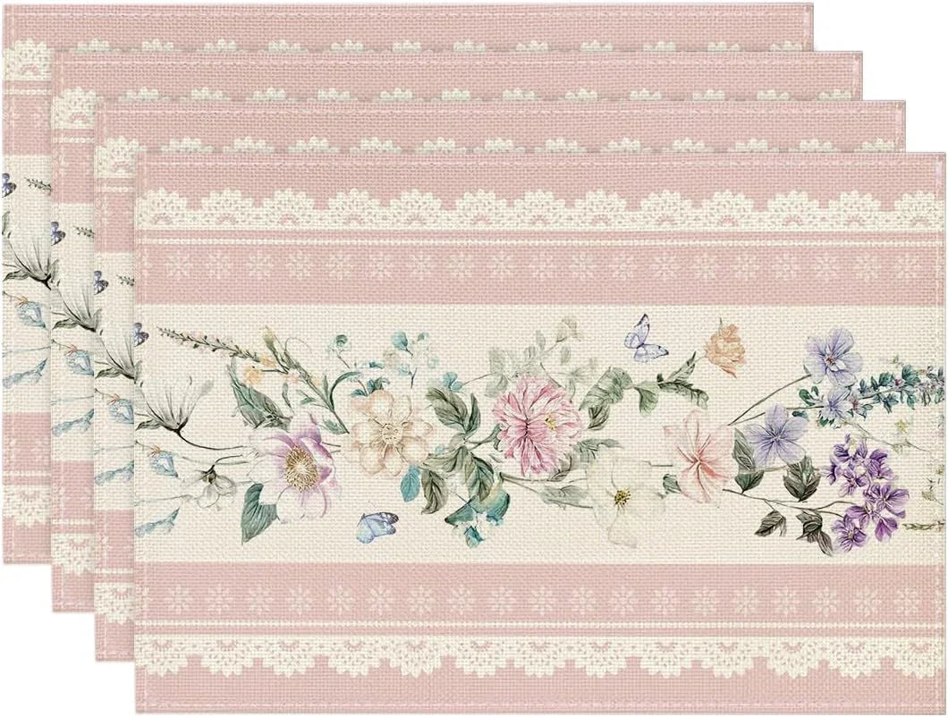 Pink Printed Lace Floral Spring Placemats Set of 4, 12X18 Inch Seasonal Summer Holiday Table Mats for Party Kitchen Dining Decoration