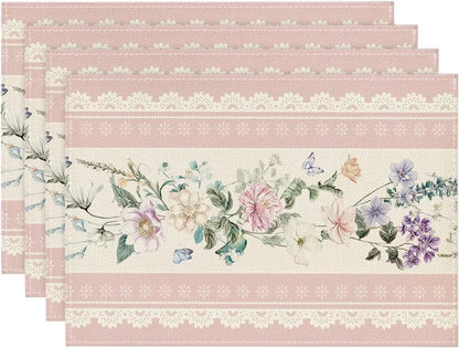 Pink Printed Lace Floral Spring Placemats Set of 4, 12X18 Inch Seasonal Summer Holiday Table Mats for Party Kitchen Dining Decoration