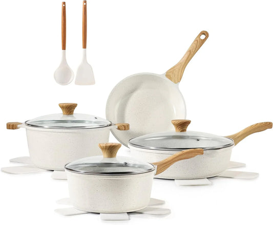 Nonstick Ceramic Cookware Set, 13-Piece Non-Toxic Pots and Pans Set, Healthy Kitchen Cooking Set with Stay-Cool Handles, Silicone Tools and Pot Protectors, PFAS Free