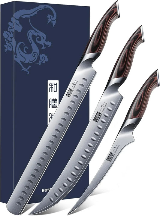 Carving Knife Set 3PCS, Japanese High Carbon Steel Brisket Slicing Knife Sets with Ergonomic Pakkawood Handle, Butcher Knife Breaking Knife Boning Knife for Meat Cutting