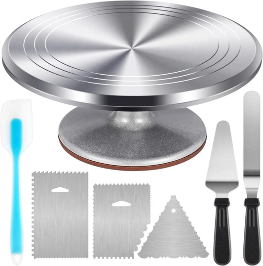 Aluminium Cake Turntable Set, Baking Tools with Revolving 12" Cake Stand for Decorating, 12.7" Offset Spatula, 3 Stainless Steel Frosting Icing Smoother, Cake Serve Cake Decorating Kit Supplies