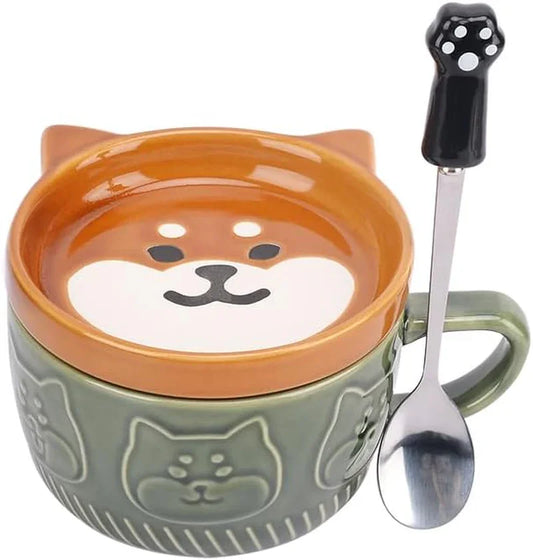 Cute Cat Coffee Mug with Lid,Animal Tea Cup with Saucer Set,Kawaii Ceramic Mugs with Biscuit Holder and Spoon,Gifts for Women,Teacher,Friend,For Mothers Day,Easter,Christmas (Green Dog)