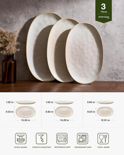 Serving Platter, Oval 15.59/14.3/12.9 Inch Serving Dishes for Entertaining, Serving Bowls, Microwave Safe, Stonware Serving Trays for Party, Turkey, Cheese, Ocean Series, Cappuccino White