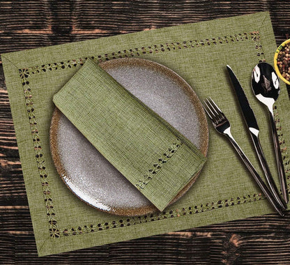 Set of 4 Handcrafted Solid Sage Green Color Dining Table Place-Mats, Double-Hemstitched, Rectangular 12 X 18 Inch