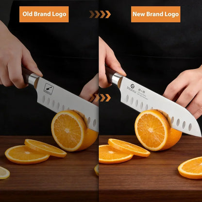 Side-by-side comparison of chef's knives with old and new logo, slicing an orange on a wooden cutting board.