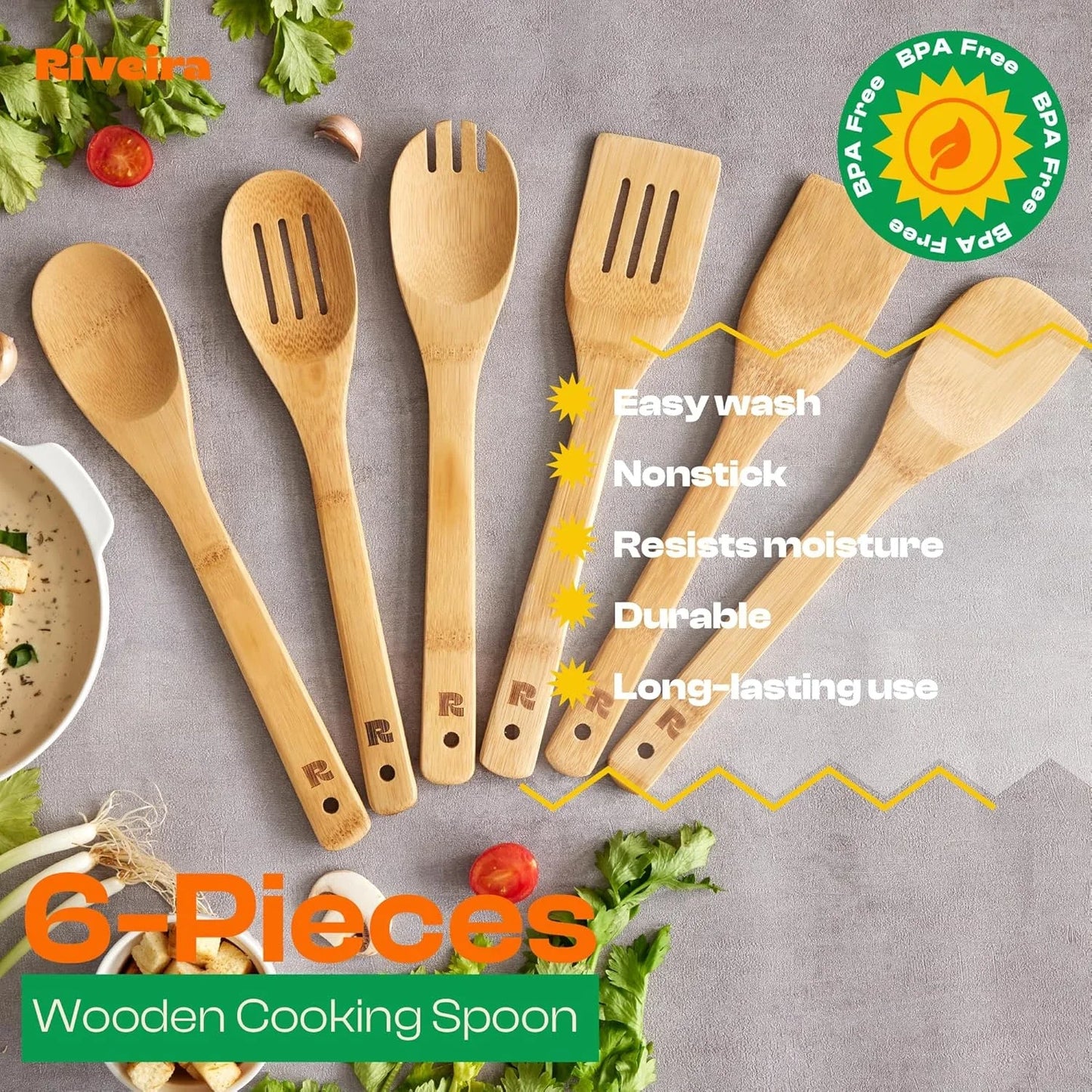 Bamboo Cooking Spoons 6-Piece – Wooden Cooking Utensils Set with Wooden Spoons for Cooking & Spatulas Wooden Utensil Sets – Premium Kitchen Utensils Set – Durable First Apartment Essentials