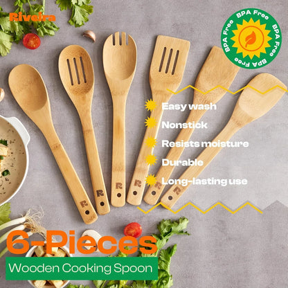 Bamboo Cooking Spoons 6-Piece – Wooden Cooking Utensils Set with Wooden Spoons for Cooking & Spatulas Wooden Utensil Sets – Premium Kitchen Utensils Set – Durable First Apartment Essentials