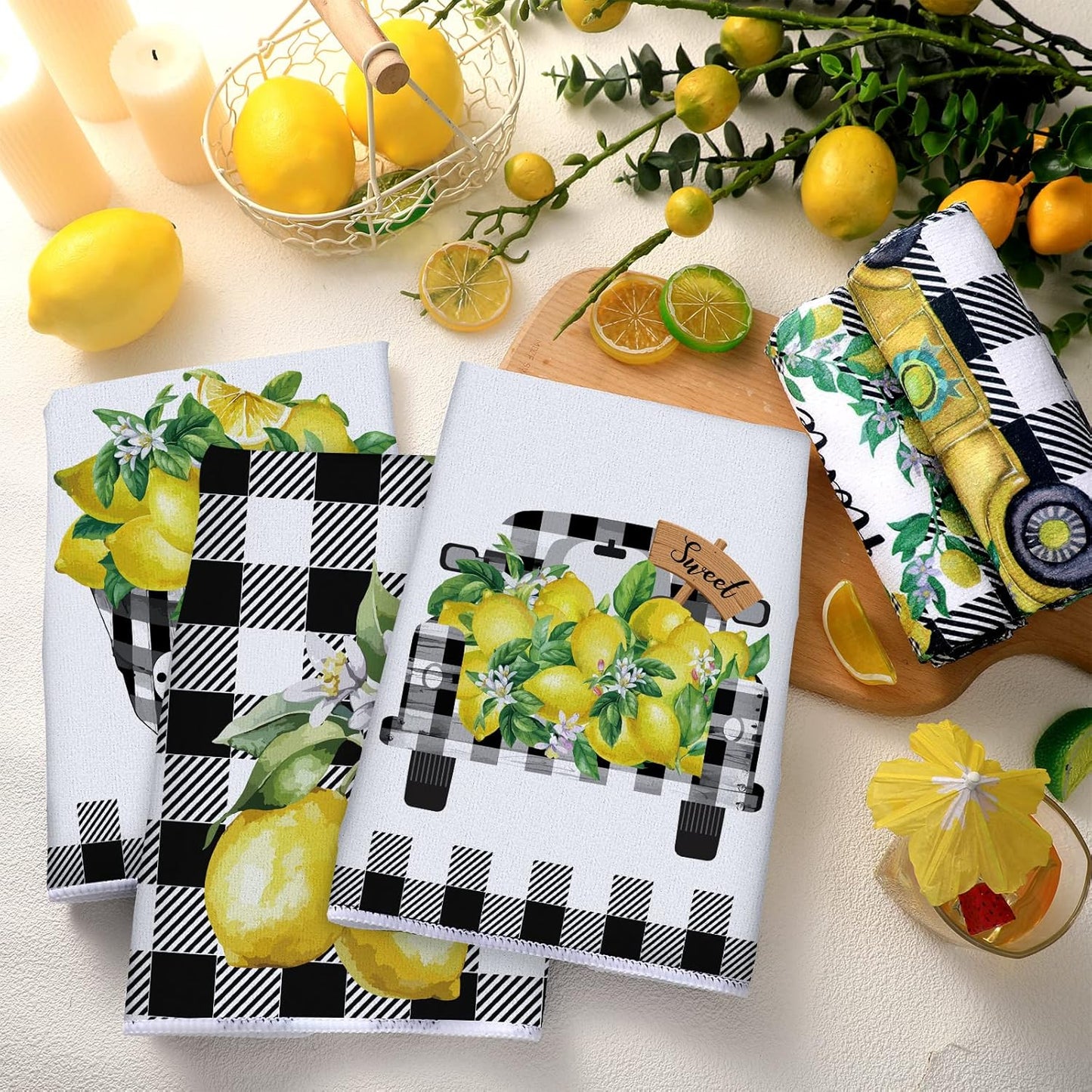 6 Pcs Lemon Kitchen Towels Lemonade Dish Towels with Sayings Decorative Hand Tea Dishcloths for Kitchen Decor with Hanging Loop for Housewarming Gift(Black White,Plaid Lemon)