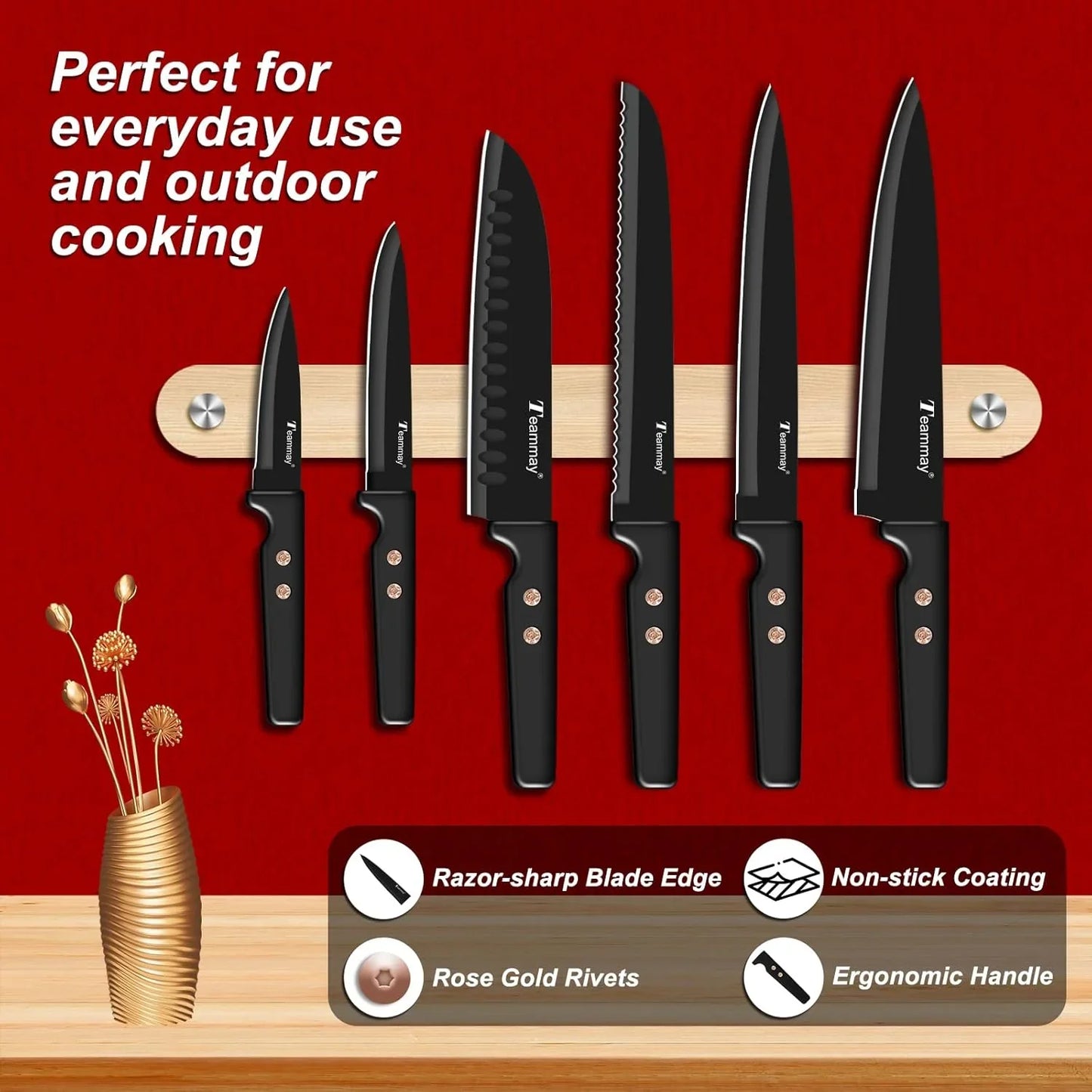 12-Piece Kitchen Knife Set, Stainless Steel Knives with Non-Stick Coating, Dishwasher Safe, Black Knife Set with Rose Gold Rivets 6 Blade Guards, Perfect for Home Chefs Cooking Enthusiasts