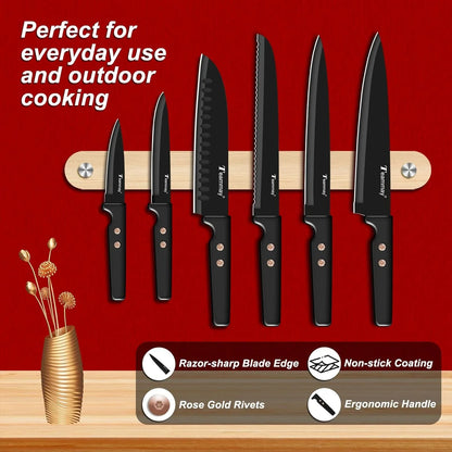 12-Piece Kitchen Knife Set, Stainless Steel Knives with Non-Stick Coating, Dishwasher Safe, Black Knife Set with Rose Gold Rivets 6 Blade Guards, Perfect for Home Chefs Cooking Enthusiasts